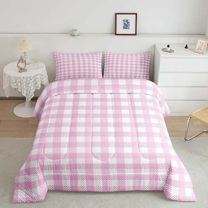 Elite Manfei Pink Plaid Comforter Set Buffalo Check Plaid Bedding Set Classic Gingham Pattern Bedding Home Decor Pink White Scottish Comforter Queen Size Quilted Duvet Set 1 Comforter with 2 Pillowcase Verified