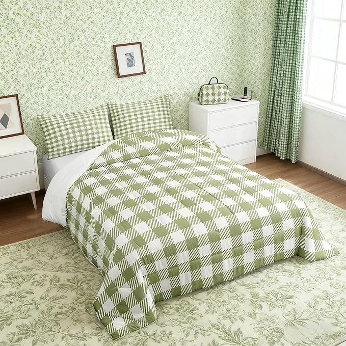 Luxury Manfei Green Plaid Comforter Set Buffalo Check Plaid Bedding Set Classic Gingham Pattern Bedding Home Decor Light Green White Scottish Comforter Twin Size Quilted Duvet Set with 1 Pillowcase Smooth