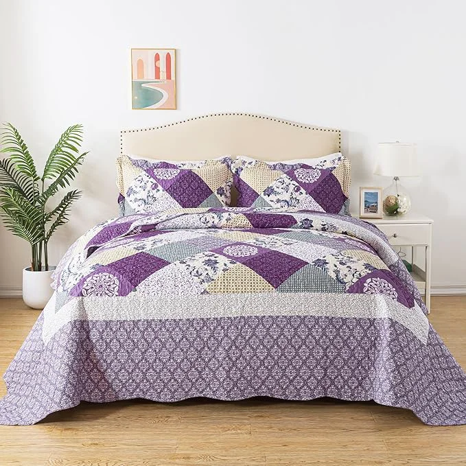 Trusted HoneiLife King Size Quilt Sets – 3 Pieces Microfiber Quilt Set Lightweight Bedspreads Reversible Coverlets Rustic Bed Cover King Quilt Bedding Set All Season Quilts-Beige amp Purple Excellent