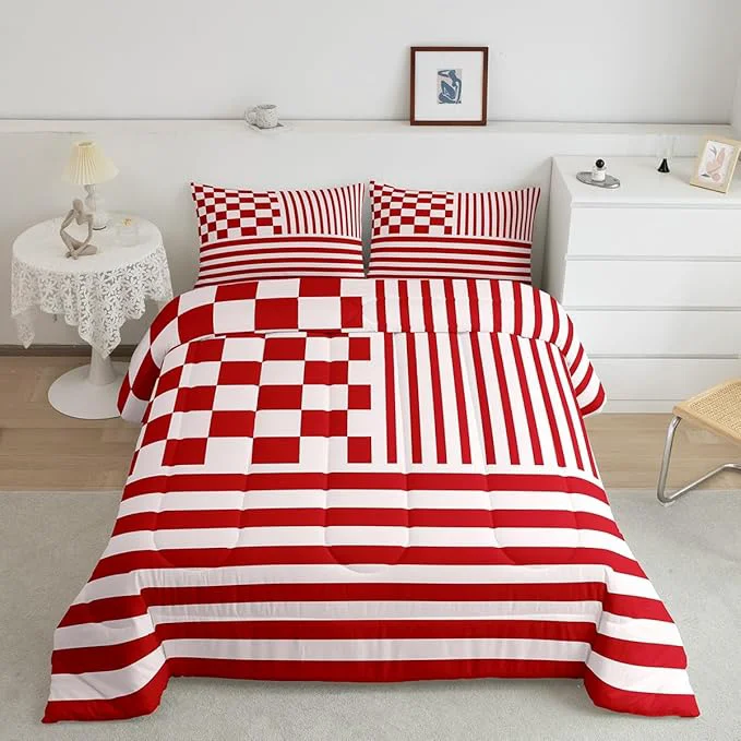 Genuine Red Stripes Comforter Set Buffalo Check Plaid Bedding Set Fashion Plaid Geometric Bedding Home Decor Modern Simple Style Comforter King Size Quilted Duvet Set 1 Comforter with 2 Pillowcase Fine