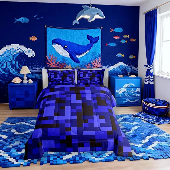 Specialty Manfei Pixelated Blocks Bedding Set Twin Size Army Camouflage Miners Game Comforter Set，Geometric Grid Patchwork Quilt Comforter Boys Teens Black Dark Blue Room Decor All Season 1 Pillowcase Reliable