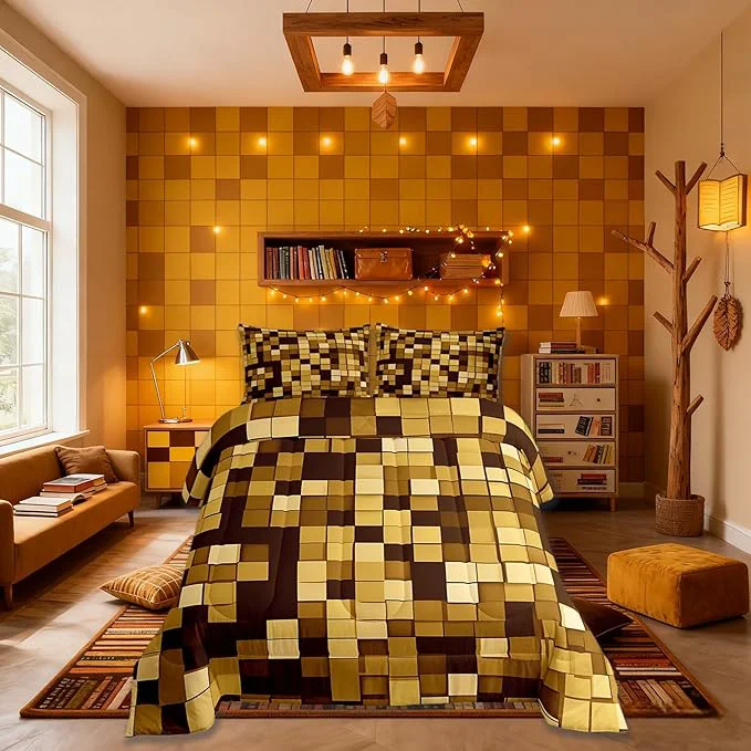 Breathable Pixelated Miners Game Kids Comforter Set Full Size Geometric Check Video Games Bedding Set Boys Room Decor Gamepad Grid Modern Quilt Comforter Dark Yellow Duvet Set Bedroom Quilt Set 2 Pillowcases Stylish