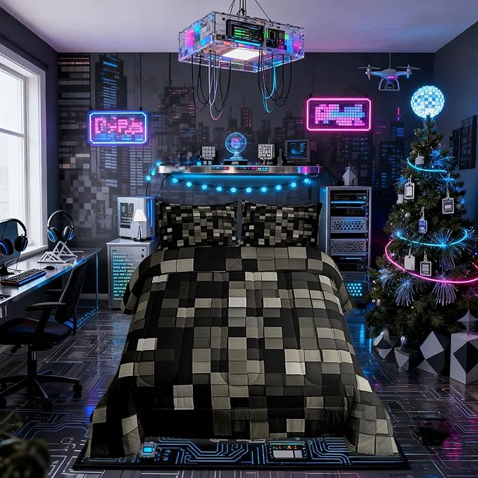 Fine Crafted Pixelated Kids Bedding Set Queen Size Patchwork Grid Video Games Comforter Set，Lattice Abstract Simple Quilt Comforter Dark Gray Bedroom Duvet Insert 2 Pillowcases Secure