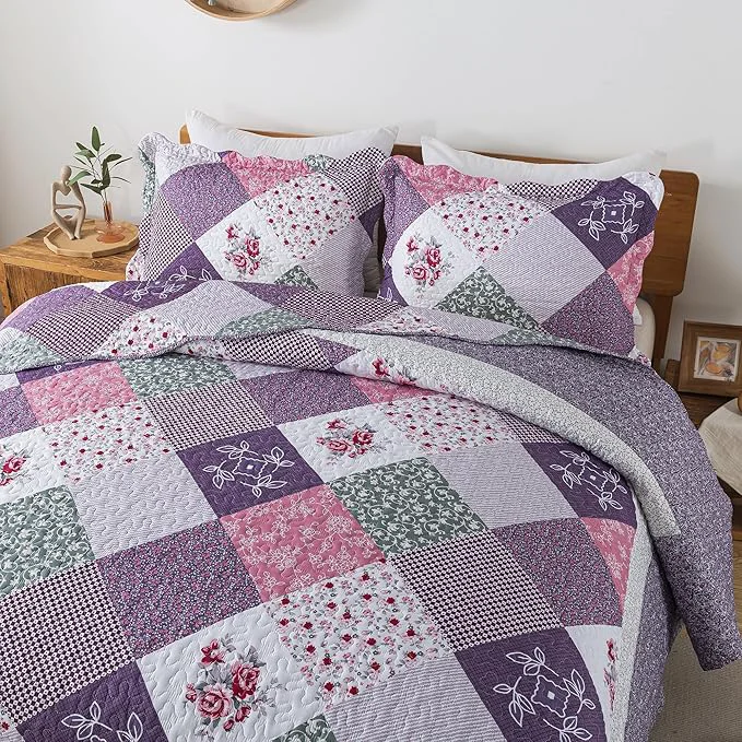 Official HoneiLife Queen Quilt Bedding Set – 3 Pieces Microfiber Quilt Sets Lightweight Bedspreads Reversible Coverlets Retro Bed Cover Floral Bedding Set All Season Quilts-Purple Premium Material