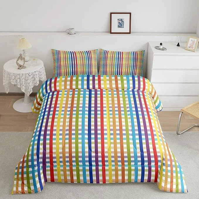 Outstanding Manfei Colorful Plaid Bedding Set Twin Size Buffalo Check Plaid Comforter Classic Gingham Pattern Comforter Set Cartoon Stripes Geometric Duvet Set 2Pcs Quilt Set 1 Comforter Set with 1 Pillowcase Easy-to-Use