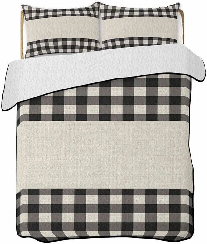 Smart Full Size Quilt Bedding Set Retro Black Lightweight Summer Quilt 3 Pieces Bedding Sets Farmhouse Buffalo Plaid Vintage Beige Reversible Soft Bedspreads Coverlets with 2 Pillow Shams for All Season First-Class