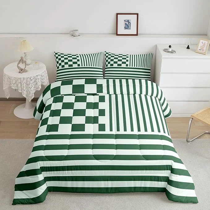High-Quality Green Plaid Comforter Set Fashion Buffalo Check Bedding Set Green Stripes Geometric Bedding Home Decor Modern Simple Style Comforter Queen Size Quilted Duvet Set 1 Comforter with 2 Pillowcase Contemporary