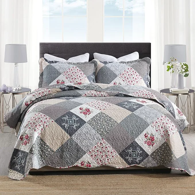 Durable HoneiLife Quilt Set King Size – 3 Piece Microfiber Reversible Bedspreads Patchwork Coverlets Floral Bedding Set All Season Quilts-Grey Rose Green