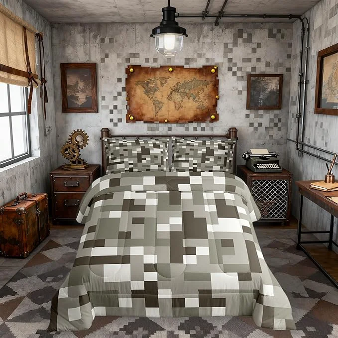 High-Performance Miners Pixel Checked Kids Comforter Set Full Size Cartoon Gamepad Video Games Bedding Set Boys Room Decor Geometric Grid Patchwork Quilt Comforter Gray White Duvet Set Bedroom Quilt Set 2 Pillowcases Modern