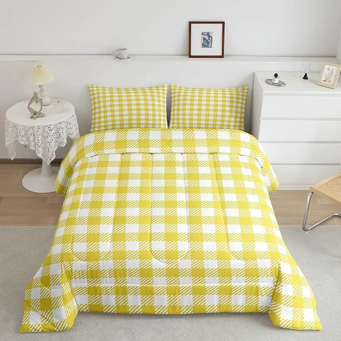 Excellent Manfei Yellow Plaid Comforter Set Buffalo Check Plaid Bedding Set Classic Gingham Pattern Bedding Home Decor Yellow White Scottish Comforter King Size Quilted Duvet Set 1 Comforter with 2 Pillowcase Official
