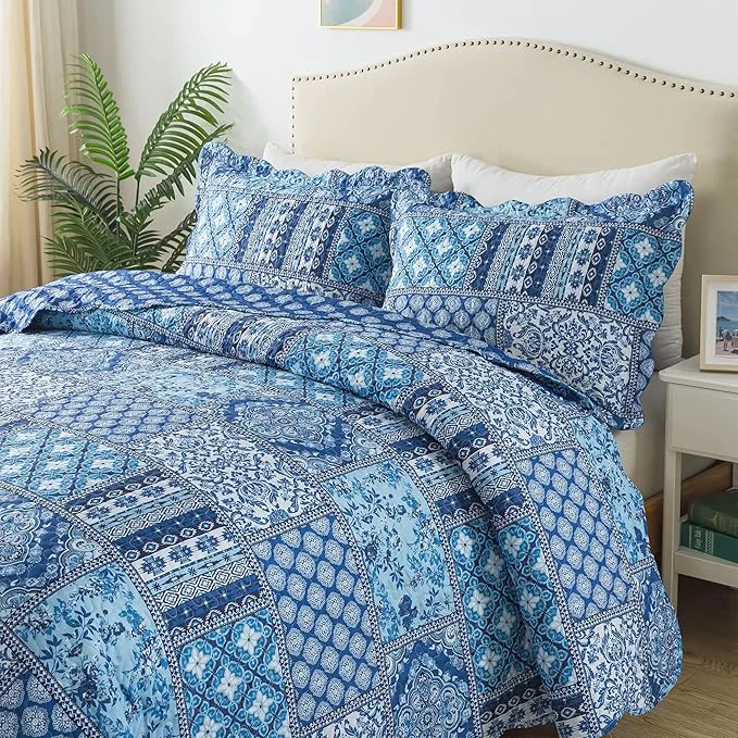 Reliable HoneiLife King Quilt Bedding Set – 3 Pieces Rustic Quilt Sets Microfiber Bedspreads Floral Coverlets Retro Bed Cover All Season Quilts-Blue Fine Crafted