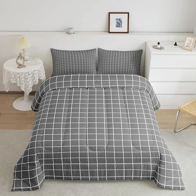 Reusable Grey Plaid Comforter Set Buffalo Check Plaid Bedding Set Classic Gingham Pattern Bedding Home Decor Modern Simple Style Comforter King Size Quilted Duvet Set 1 Comforter with 2 Pillowcase Safe