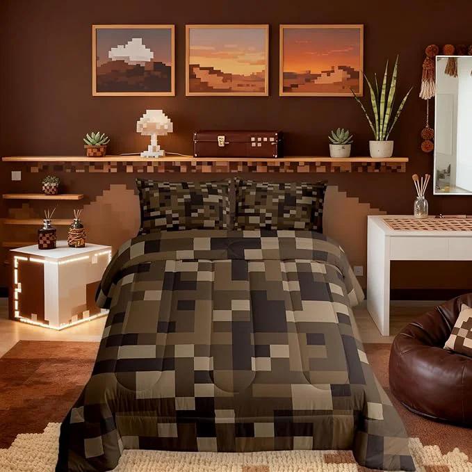 Quality Manfei Pixelated Bedding Set Twin Size Grid Army Camo Pixel Games Comforter Set，Cartoon Gamepad Video Games Quilt Comforter Boys Teens Brown Room Decor All Season 1 Pillowcase High-End