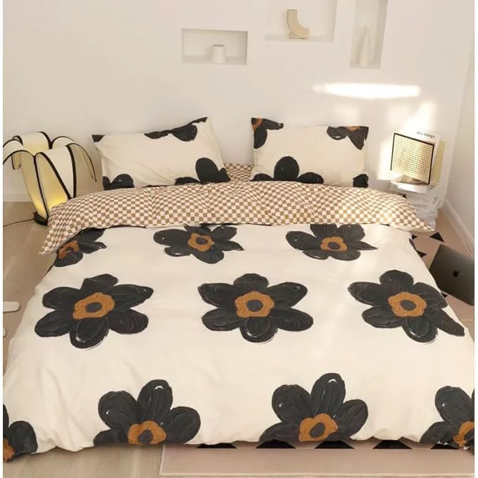Quality TRP 3-Piece Soft Durable Double Brushed Microfiber Floral Comforter Set Queen Size Reversible Gingham Pattern Botanical Motifs Cute Bedding Cream Black Brown Colors Smooth Texture Cozy Plush Feel Traditional