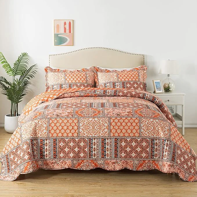 Reusable HoneiLife Vintage Quilt Sets Queen – 3 Pieces Microfiber Quilt Sets Lightweight Bedspreads Floral Coverlets Retro Bed Cover All Season Quilts-Pumpkin Recyclable