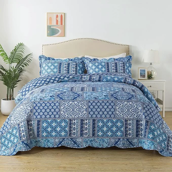 Fashionable HoneiLife Rustic Quilt Sets Queen – 3 Pieces Microfiber Quilt Sets Lightweight Bedspreads Floral Coverlets Retro Bed Cover All Season Quilts-Blue Responsible