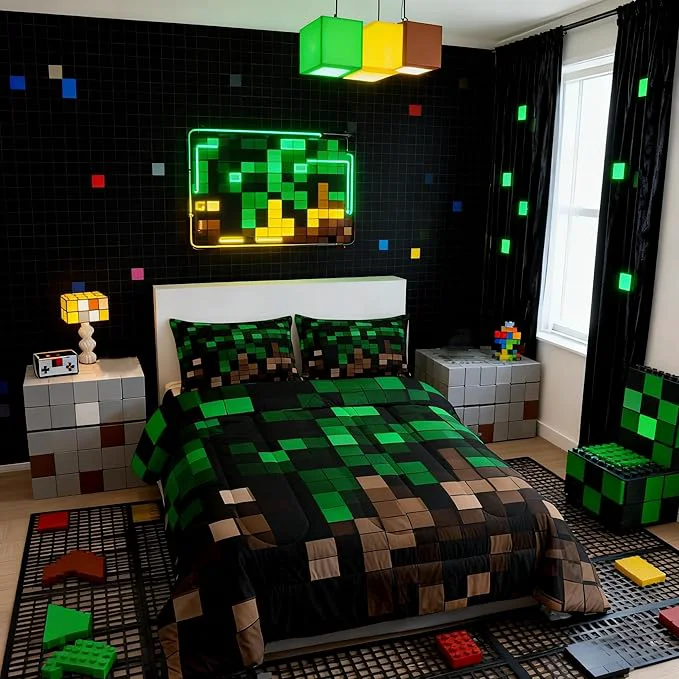 High-Performance Manfei Miners Pixel Checked Girls Bedding Set Twin Size Video Games Check Lattice Comforter Set Game Cartoon Gamepad Quilt Comforter Girls Boys Teens Green Brown Room Decor All Season 1 Pillowcase Detailed