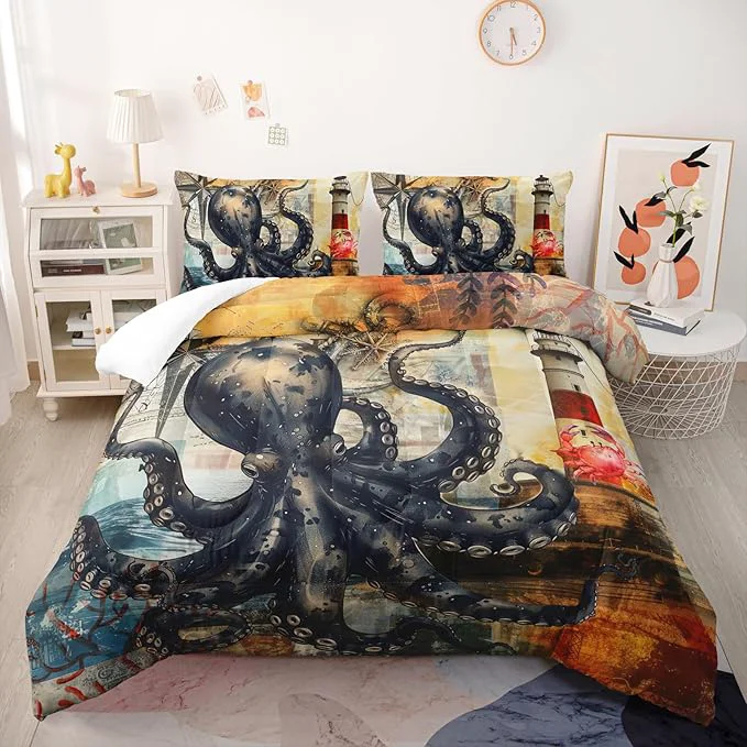 Long-Lasting Octopus Comforter Set Twin Port Lighthouse Bedding Sets 3PCS for Kids Teen Adult Ocean Room Decor Ultra-Soft Lightweight Microfiber 1 Comforter with 2 Pillowcases Efficient