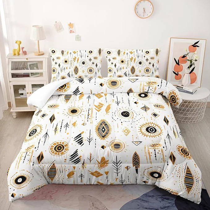 Minimalist Boho Aztec Comforter Set Queen Yellow Geometry Bedding Sets 3PCS for Kids Teen Adult Room Decor Ultra-Soft Lightweight Microfiber 1 Comforter with 2 Pillowcases High-Quality