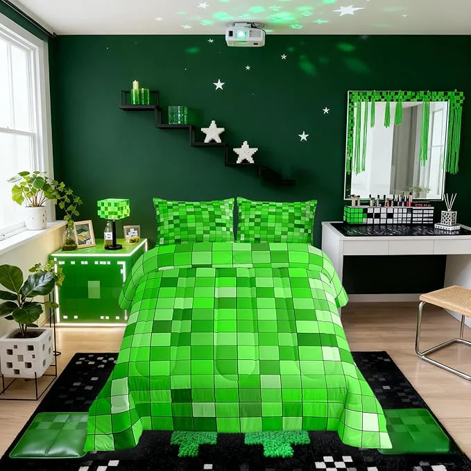 Detailed Manfei Geometric Grid Kids Comforter Set Twin Size Patchwork Square Video Games Bedding Set Boys Room Decor Gradient Gaming Quilt Comforter Green Duvet Set Bedroom Quilt Set 1 Pillowcase Top-Quality