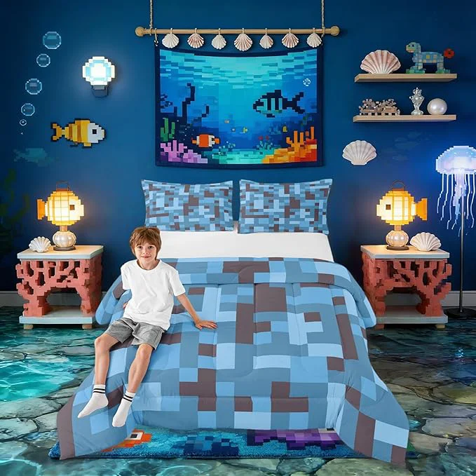 Professional Pixel Grid Miners Kids Comforter Set Full Size Reversible Gamepad Video Games Bedding Set Boys Room Decor Army Camo Geometric Quilt Comforter Black Light Blue Duvet Set Bedroom Quilt Set 2 Pillowcases Crafted