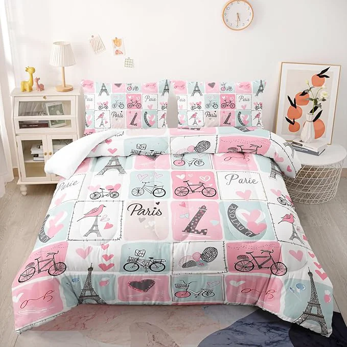 High-Grade Pink Eiffel Tower Comforter Set Twin Paris Theme Bedding Sets 3PCS for Kids Teen Adult Girl Room Decor Ultra-Soft Lightweight Microfiber 1 Comforter with 2 Pillowcases First-Class