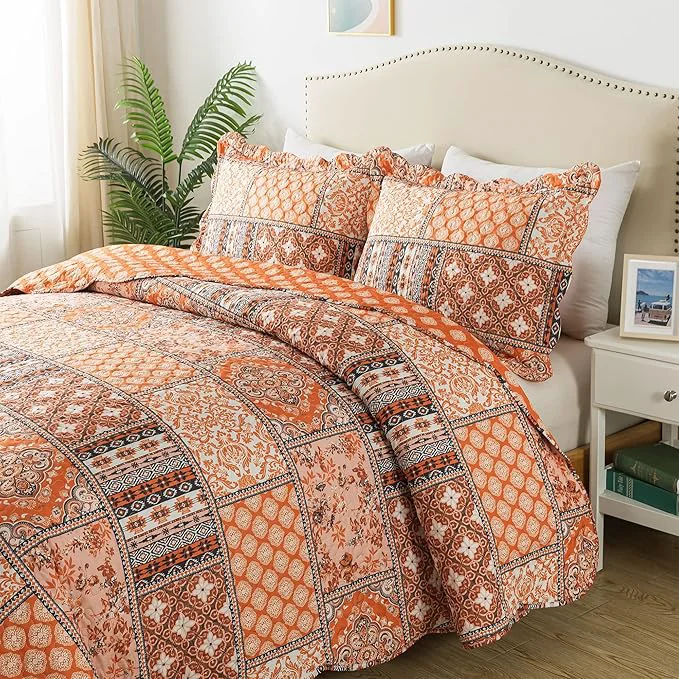Recyclable HoneiLife King Quilt Bedding Set – 3 Pieces Vintage Quilt Sets Microfiber Bedspreads Floral Coverlets Retro Bed Cover All Season Quilts-Pumpkin Original Design