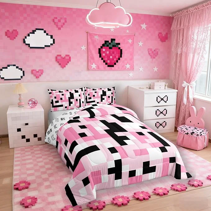 Certified Manfei Pixelated Miners Kid Comforter Set Twin Size Video Game Game Gamepad Bedding Set Boys Room Decor Geometric Grid Square Quilt Comforter Black Pink White Duvet Set Bedroom Quilt Set 1 Pillowcase Selected