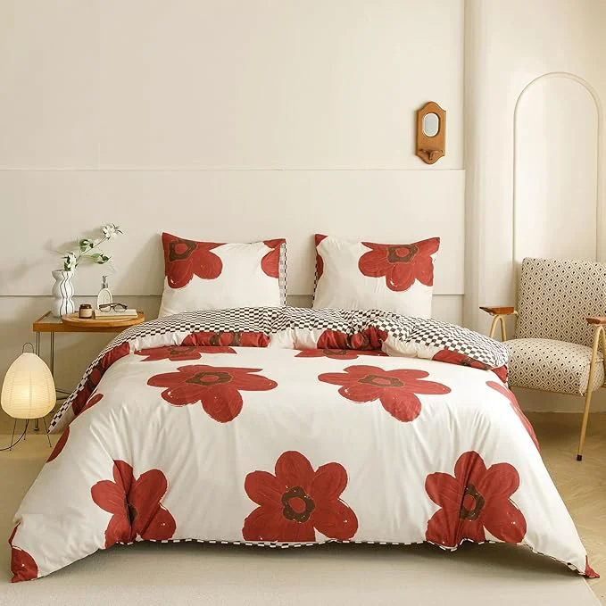 Expertly Made KAREVER Red Floral Comforter Twin White with Red Flower Bedding Set 3 PCs Comforter Set Twin Size Comforter 68x90 Inches with 2 Pillowcases 26x26 inches Long-Lasting