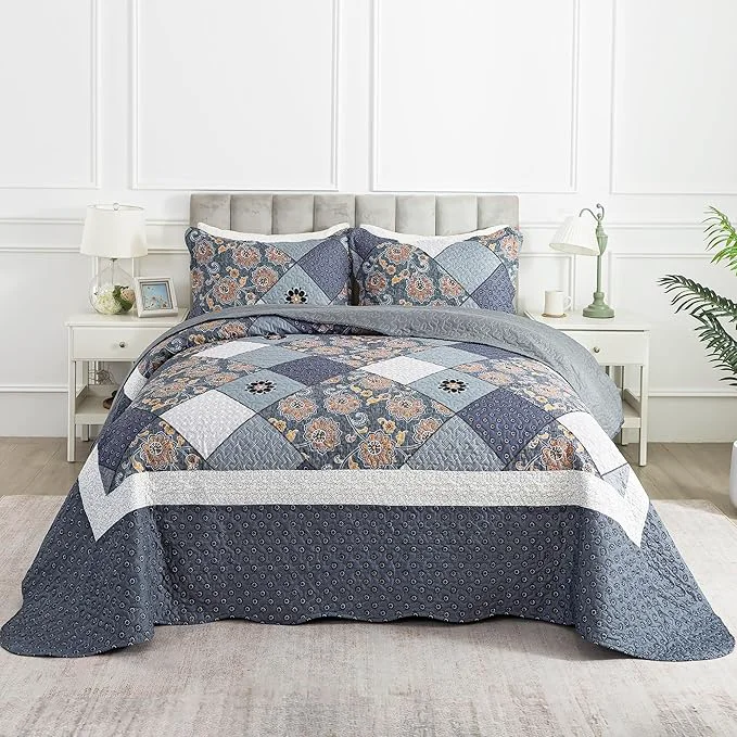 Detailed HoneiLife King Quilt Bedding Sets – 3 Piece Microfiber Quilt Set Rustic Bedspread Set Patchwork Coverlet Set for King Bed Outstanding
