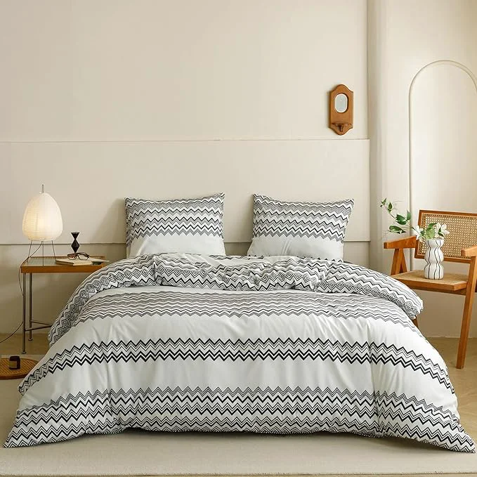Modern KAREVER Boho Comforter Twin Aztec Bedding Set Southwest Theme 3 PCs Bohemian Comforter Set Black Waved Strips Twin Size Comforter 68×90 Inches with 2 Pillowcases 26×26 inches First-Class