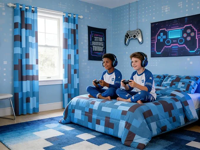 Modern Pixel Grid Miners Kids Bedding Set Queen Size Reversible Gamepad Video Games Comforter Set，Army Camo Geometric Quilt Comforter Black Light Blue Bedroom Duvet Insert 2 Pillowcases Long-Lasting
