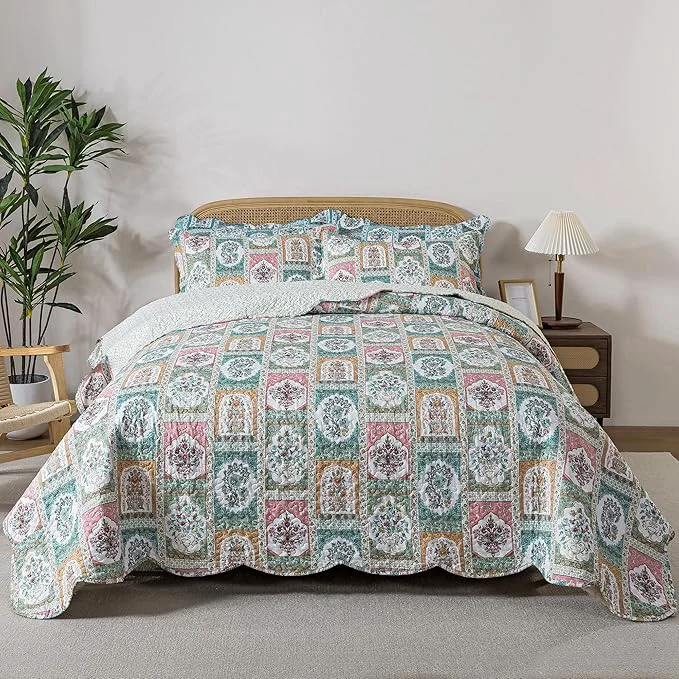 Stylish HoneiLife Quilt Sets Queen Size – 3 Pieces Microfiber Quilt Lightweight Bedspreads Floral Coverlets Retro Bed Cover Queen Quilt Bedding Sets All Season Use Practical