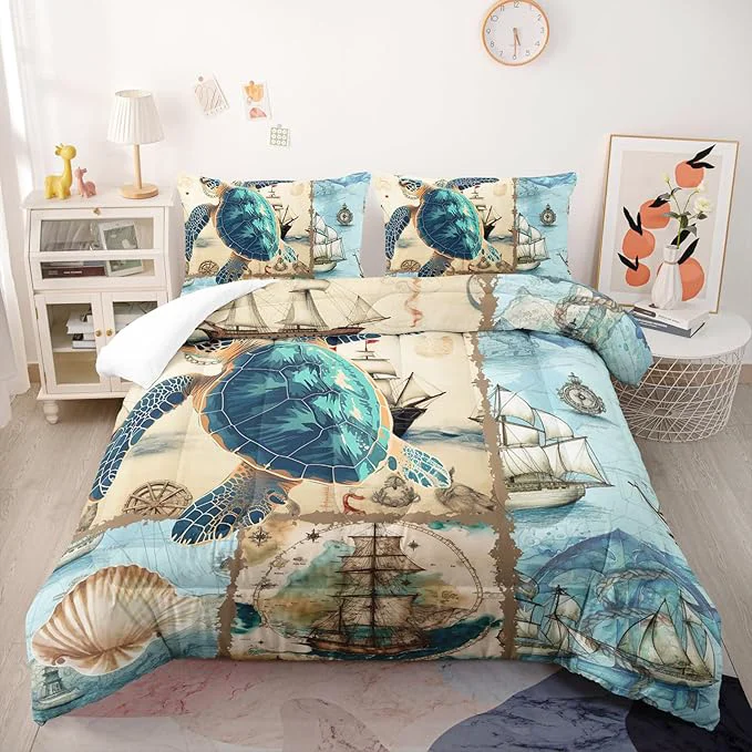 Innovative Sea Turtle Comforter Set Queen Navigation Theme Bedding Sets 3PCS for Kids Teen Adult Sailboats Room Decor Ultra-Soft Lightweight Microfiber 1 Comforter with 2 Pillowcases Official
