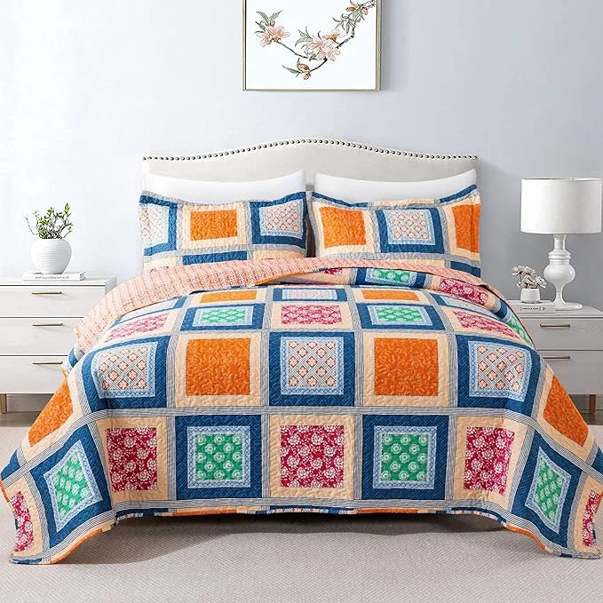Practical HoneiLife King Quilt Bedding Set – Rustic Quilt Sets 3-Piece Patchwork Bedspreads for King Bed Lightweight Coverlets Microfiber Bed Cover Quilt King Size All Season Quilts-Orange Natural