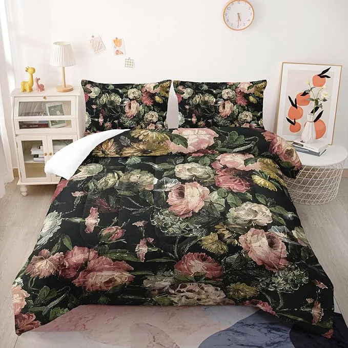 Effective Boho Floral Comforter Set King Black Floral Bedding Sets 3PCS for Kids Teen Adult Flowers Leaves Room Decor Ultra-Soft Lightweight Microfiber 1 Comforter with 2 Pillowcases Premium
