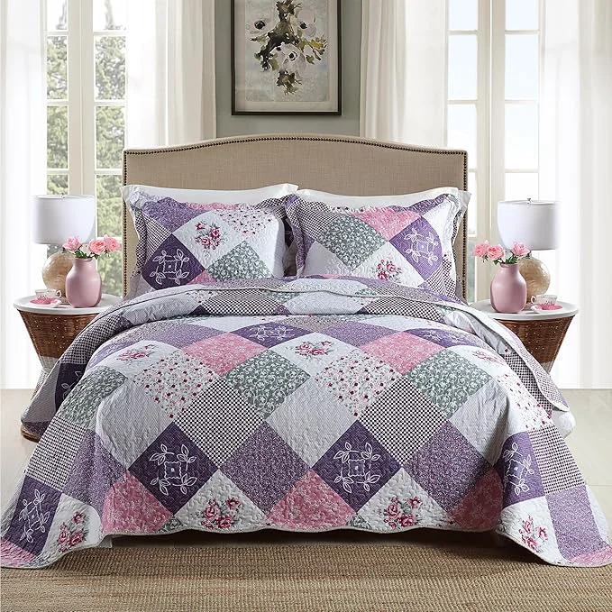 Luxury HoneiLife Quilt Set Twin Size – 2 Piece Microfiber Quilts Reversible Bedspreads Patchwork Coverlets Floral Bedding Set All Season Quilts with Geometric and Little Rose Print Pattern，Purple Superior