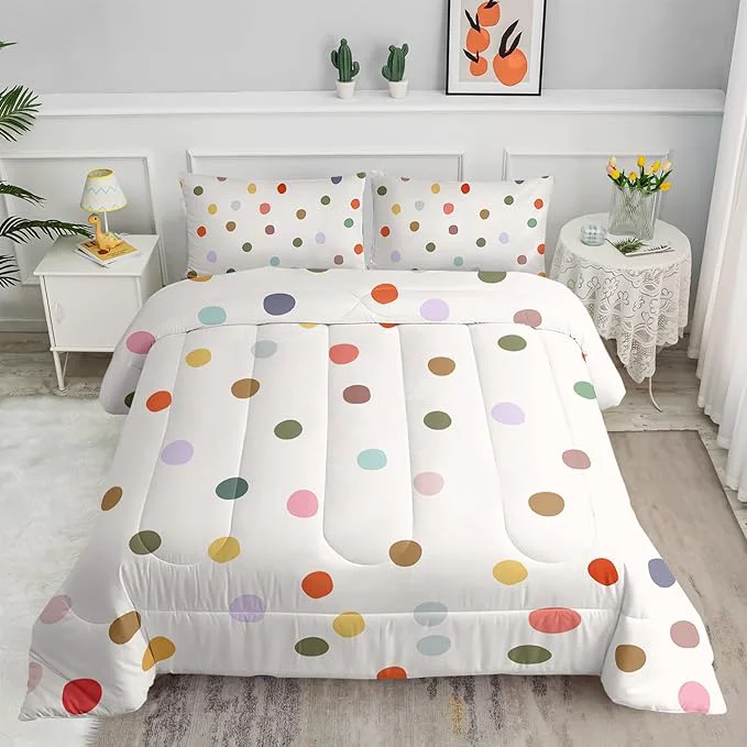 Sustainable Colorful Polka Dots Comforter Set for Girls Girly Kawaii Cartoon Bedding Full Size Multicolor Circles and White Comforter for Girls Women Modern Geometry Bedding Set 1 Quilt 2 Pillowshams Outstanding