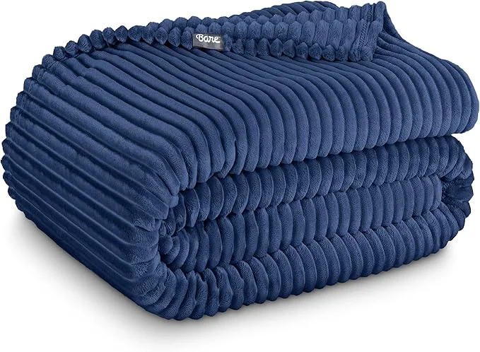 Eco-Friendly Bare Home Textured Fleece Blanket – King Size – Ultra-Soft Lightweight for Bed Sofa and Couch – Luxury Microplush – Cozy Warm Blanket King Ribbed Dark Blue Smooth