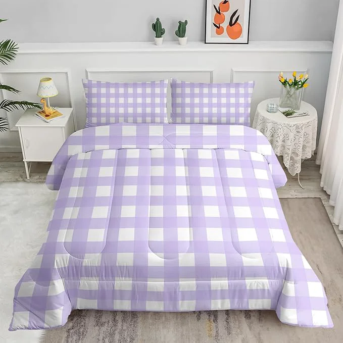Fine Crafted Gingham Comforter Set for Girls Light Purple Kawaii Plaid Checkered Bedding Twin Size Modern Geometric Bedding for Women Girls Kids Farmhouse Grid Bed Comforter Set 1 Quilt 2 Pillowcases Environmentally Friendly