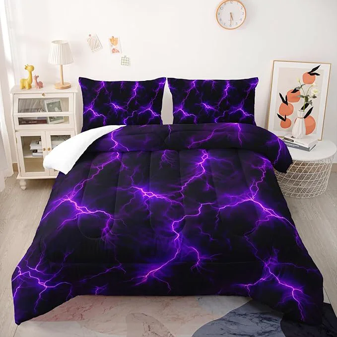Versatile Violet Lightning Comforter Set Twin Thunder Bedding Sets 3PCS for Kids Teen Adult Violet Room Decor Ultra-Soft Lightweight Microfiber 1 Comforter with 2 Pillowcases Fashionable