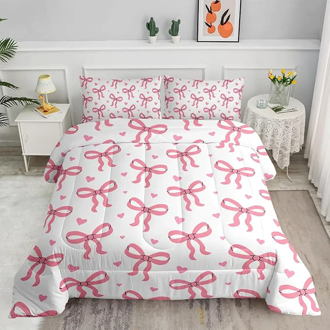 Powerful Pink Bowknot Comforter for Girls 3 Pieces Princess Bowknot Bedding King Size Kawaii Bow-tie Bed Set for Kids Women Pink Cute Bow Bedding Girls Bedroom Comforter Set 1 Quilt 2 Pillowcases Elite
