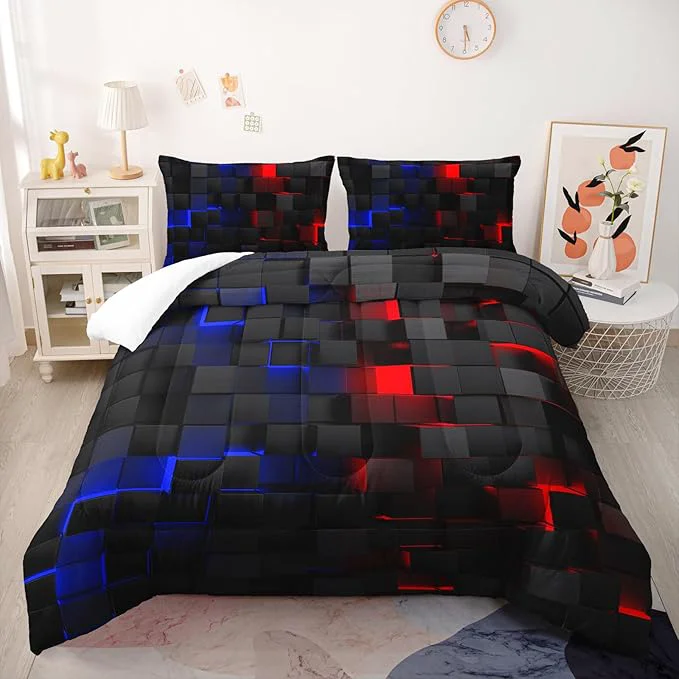 Next-Generation Red and Blue Checkered Comforter Set Queen Honeycomb Bedding Sets 3PCS for Kids Teen Adult Boy Room Decor Ultra-Soft Lightweight Microfiber 1 Comforter with 2 Pillowcases
