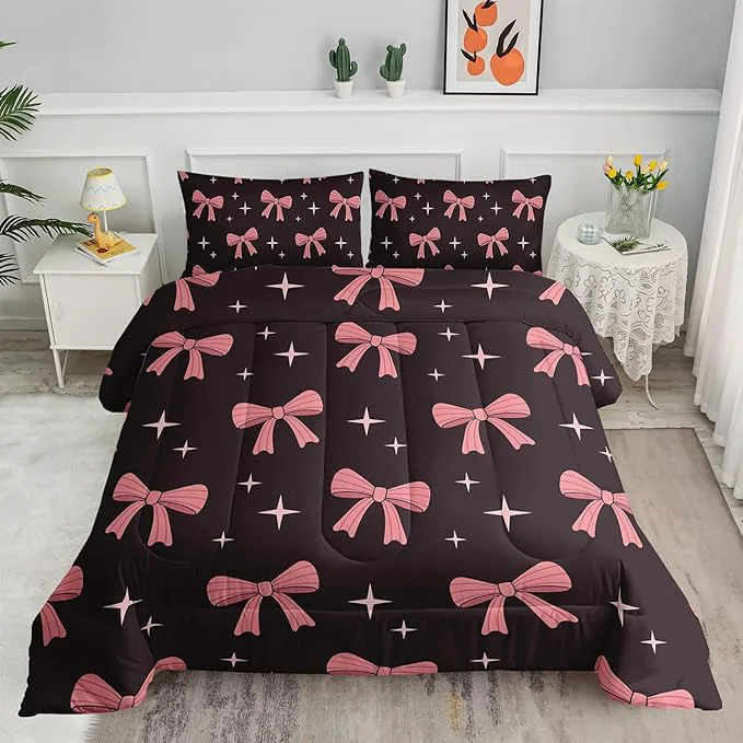 Crafted Pink Cute Bow Comforter Set for Girls Twin Size Pink Bowknot and Stars Comforter Colorful Bedding for Kids Boys Girls Girly Kawaii Princess Themed Quilt Set 1 Comforter 2 Pillowcases Responsible