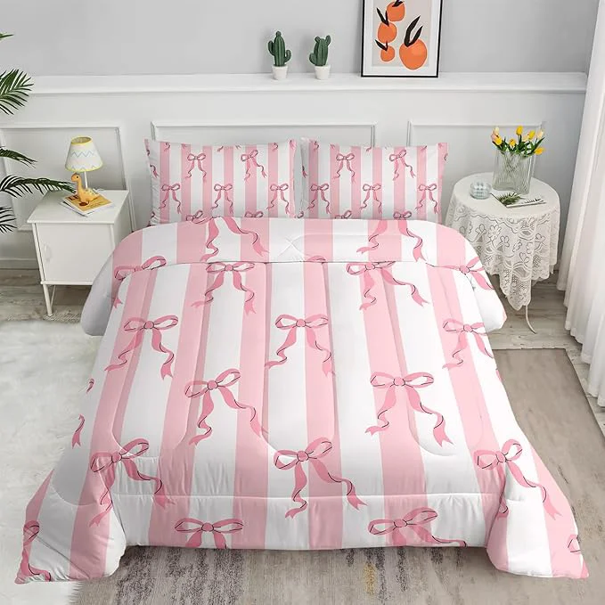 Refined Pink Bowknot Girls Comforter Set King Size Kawaii Cartoon Geometric Bedding for Kids Girls Bedroom Room Decor 3Pcs Bow Pink Striped Princess Romantic Comforter Set 1 Quilt 2 Pillowshams Dependable