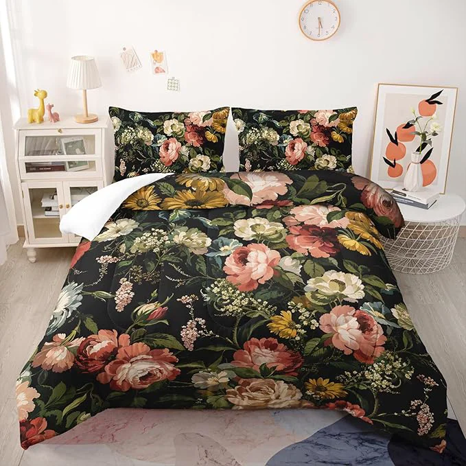 Solid Black Floral Comforter Set Full Colorful Floral Bedding Sets 3PCS for Kids Teen Adult Flowers Leaves Room Decor Ultra-Soft Lightweight Microfiber 1 Comforter with 2 Pillowcases Convenient