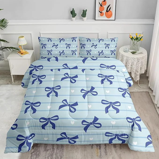 Responsible 3Pcs Bow Bedding for Girls Blue Bowknot and White Love Heart Printed Bedding Set Full Size Blue Striped Comforter for Teens Boys Girls Kawaii Cartoon Comforter Set 1 Quilt 2 Pillowshams Optimized