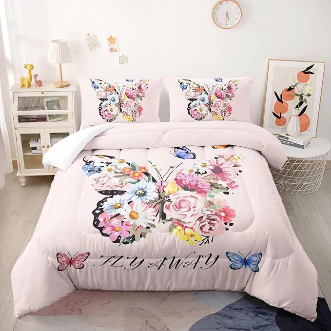 Pink Floral Butterfly Tower Comforter Set Full Girl Butterfly Bedding Sets 3PCS for Kids Teen Adult Girl Room Decor Ultra-Soft Lightweight Microfiber 1 Comforter with 2 Pillowcases Classic