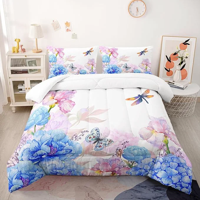 Safe Blue and Pink Flower Comforter Set Twin Dragonfly Butterfly Bedding Sets 3PCS for Kids Teen Adult Floral Room Decor Ultra-Soft Lightweight Microfiber 1 Comforter with 2 Pillowcases Traditional