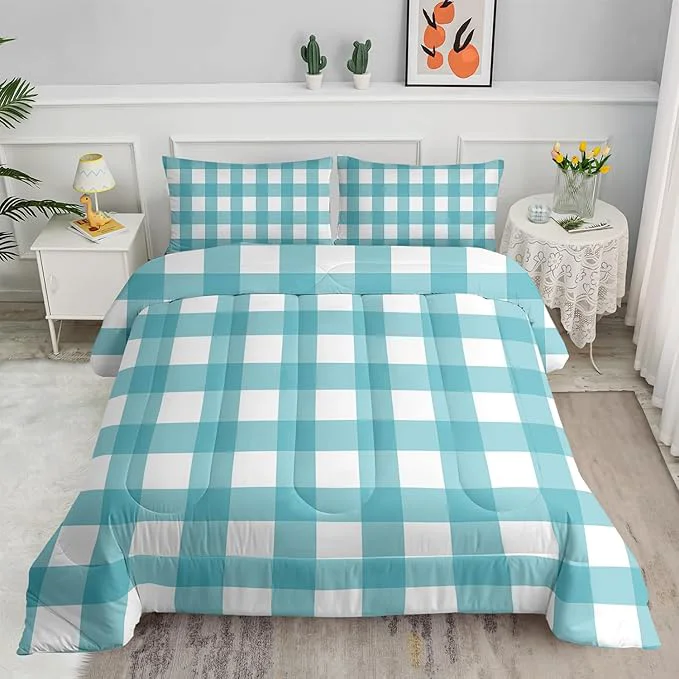 Long-Lasting 3Pcs Gingham Bedding for Girls Geometric Patchwork Comforter Set for Boys Girls Kids Teal Plaid Checkered Comforter for Kids Queen Size Vintage Farmhouse Bedding Set 1 Quilt 2 Pillowshams Exclusive
